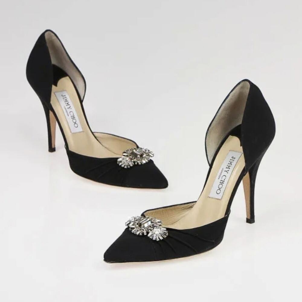 Jimmy Choo Black Crepe De Chine Solar Diamante Pumps Size 37.5